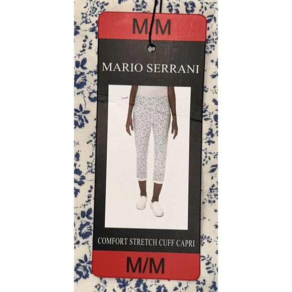 NWT Mario Serrani Cuff Capri Stretch White & Blue Floral Pants Medium - Picture 8 of 9